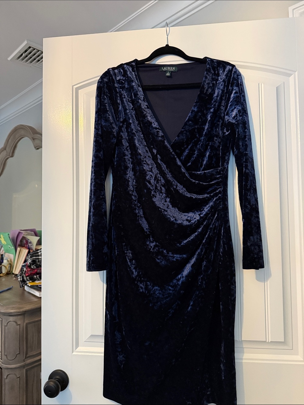 Lauren Ralph Lauren Navy Blue Velvet Wrap-Style Dress